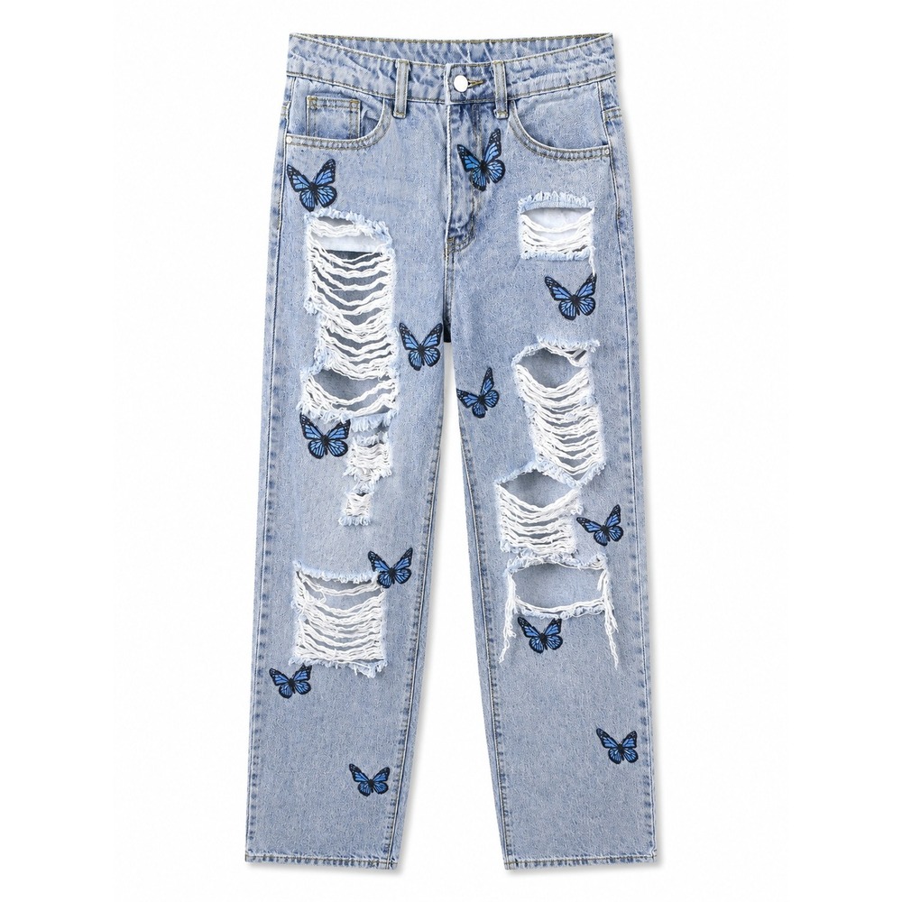 Y2K Distressed Butterfly Embroidered Wide Leg Jeans Light Wash Denim Sz 4